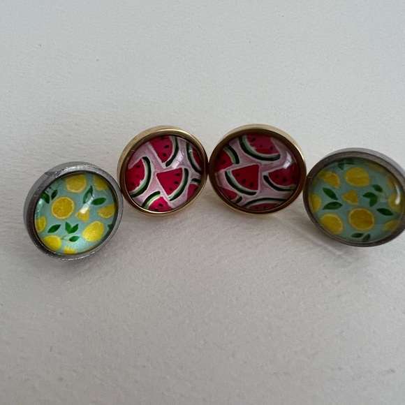 Classic Round  Fruit Stud Earring Set - Lemon and Watermelon Stud Earrings - Picture 14 of 14